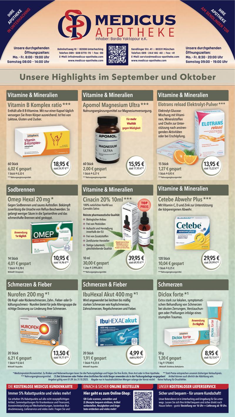Monatlicher Angebotsflyer der Apotheke mit Informationen zu Öffnungszeiten, Leistungen, Aktionen und wechselnden Produktangeboten aus Bereichen wie Gesundheit, Pflege und Selbstmedikation.